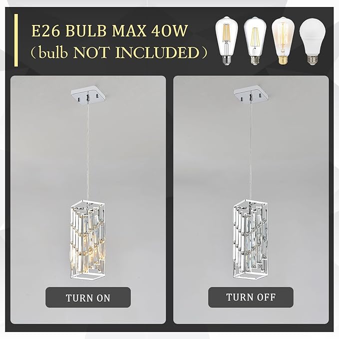 CATINER Chrome Crystal Pendant Light, Mini Hanging Pendant Lighting Fixture with Adjustable Cord, Modern Silver Pendant Light for Kitchen Island, Dining Room, Bedroom, Hallway, E26 Base (1 Pack)