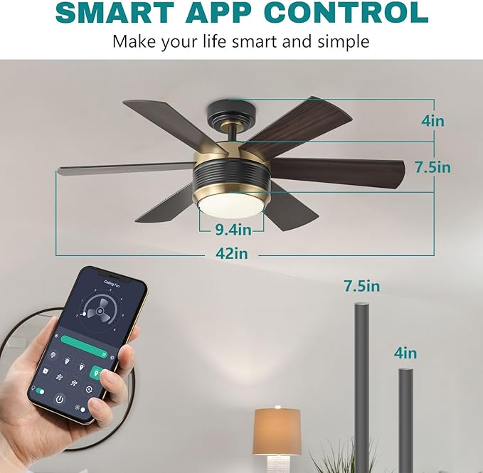 SHOWDI Ceiling Fan with Lights and Remote, 6 Blade App Control Timer Reversible Stepless Brightness and Color Temperature Outdoor Wood Ceiling Fan with Lights (Black-Gold, 42 Inch)