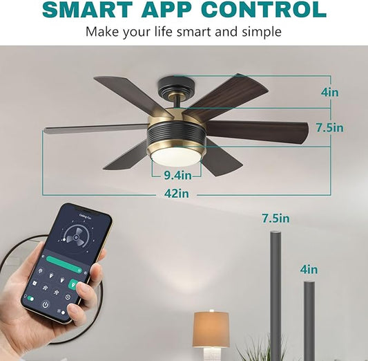 SHOWDI Ceiling Fan with Lights and Remote, 6 Blade App Control Timer Reversible Stepless Brightness and Color Temperature Outdoor Wood Ceiling Fan with Lights (Black-Gold, 42 Inch)