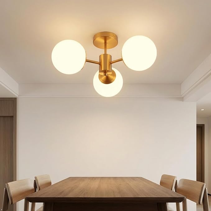 3 Lights Semi Flush Mount Ceiling Light Mid Century Modern Brass Ceiling Light Milk Glass Sputnik Small Chandelier for Bedroom Dinning Room Foyer Hallway