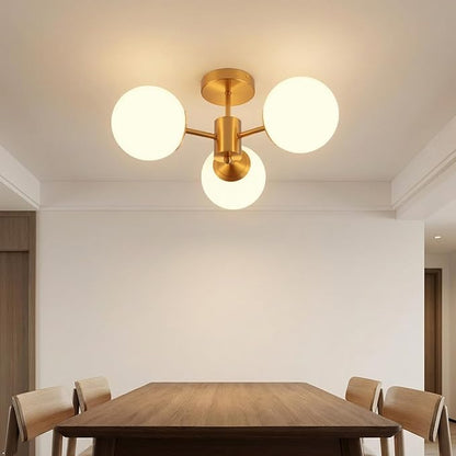 3 Lights Semi Flush Mount Ceiling Light Mid Century Modern Brass Ceiling Light Milk Glass Sputnik Small Chandelier for Bedroom Dinning Room Foyer Hallway