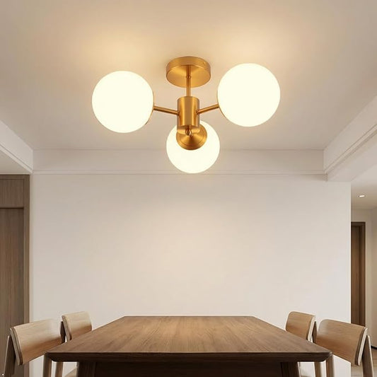 3 Lights Semi Flush Mount Ceiling Light Mid Century Modern Brass Ceiling Light Milk Glass Sputnik Small Chandelier for Bedroom Dinning Room Foyer Hallway