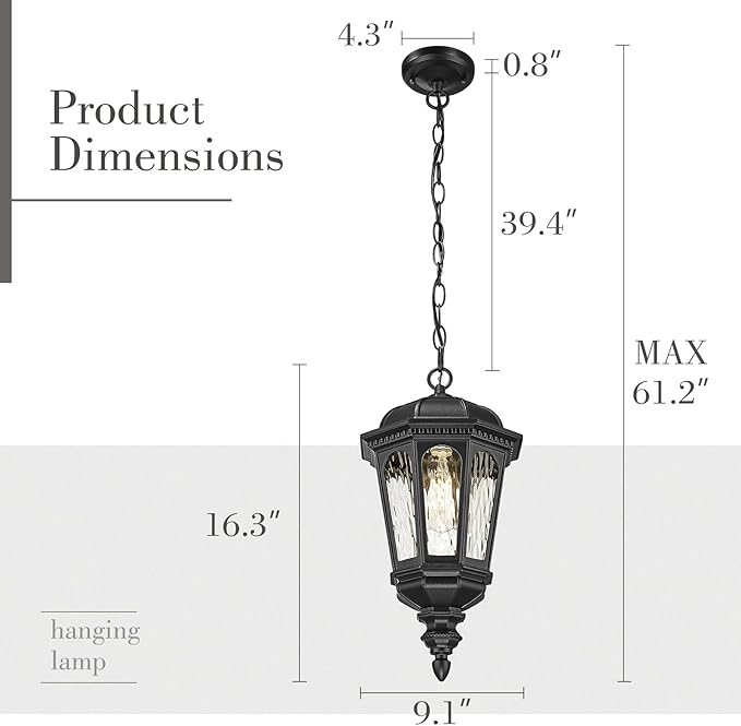 Emliviar Porch Light Fixture Hanging, Black Adjustable 16.3" Outdoor Chandelier Hanging Porch Light, Water Ripple Glass Shade, XE304H-M BK-SW