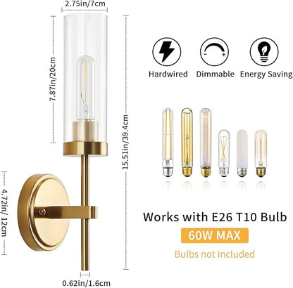 WILON Wall Sconces 2 pcs, Vanity Lights for Bathroom Sconces Wall Lighting with Clear Glass Shades, Vintage Antique Brass Wall Lamp for Mirror Bedroom Living Room Bedside Hallway, Brass Gold