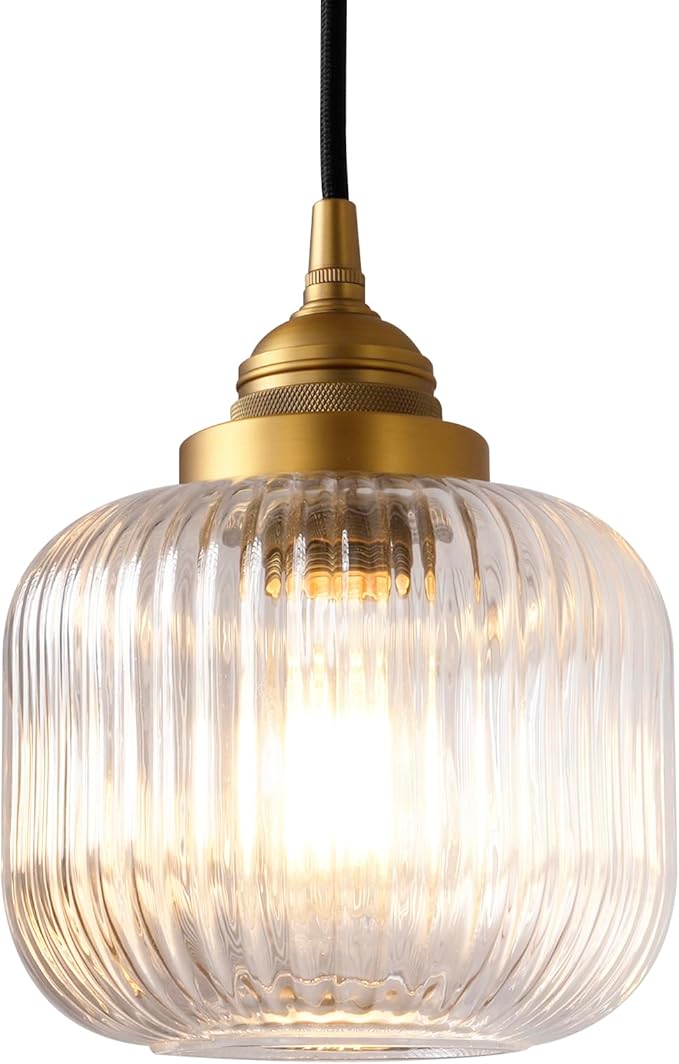 Vintage Ceiling Pendant Light with Clear Ribbed Glass Lampshade, Industrial Globe Hanging Light Fixture for Kitchen Island Hallway Dining Room Stairway