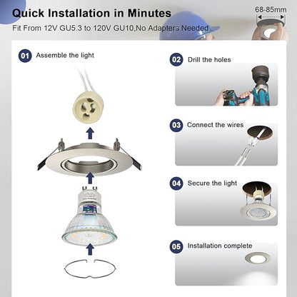 6 Pack Spotlight Frame, 3 inch Recessed Ceiling Light Trim Compatible with MR16 GU10 GU5.3 Bulbs, Adjustable Holder for Cabinet Kitchen, Brushed Nickel