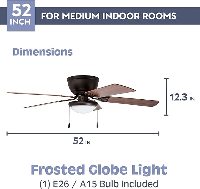 Prominence Home Benton Traditional 52 Inch Ceiling Fan with Light, LED Flush Mount Ceiling Fan, Indoor Fan with 5 Blades, Brown Walnut and Brown Maple Blade Finish Options, Bronze (51429-01)