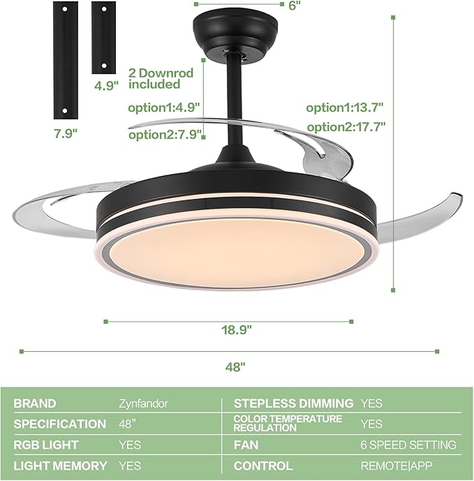 48" Retractable RGB Ceiling Fan with Light, Build-in Speaker Modern Fandelier 6 Speeds Retractable Blades Dimmable Chandelier Ceiling Fan with Remote App Control Memory Timer Black
