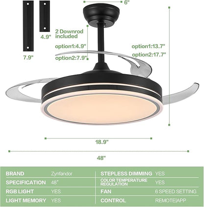 48" Retractable RGB Ceiling Fan with Light, Build-in Speaker Modern Fandelier 6 Speeds Retractable Blades Dimmable Chandelier Ceiling Fan with Remote App Control Memory Timer Black