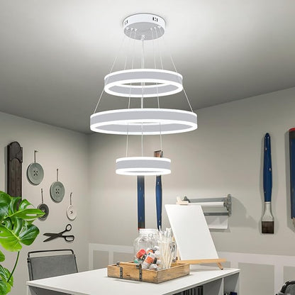O'NEELDY Modern LED Chandeliers Adjustable Hanging White Pendant Light Fixture 3 Ring Flush Mount Chandeliers for Bedroom,Kitchen,Island Cafe