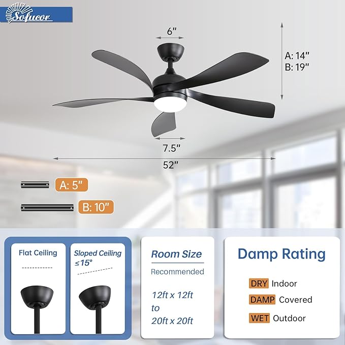 Sofucor 52" Smart Ceiling Fan, Indoor/Outdoor Black Ceiling Fans with Lights and Remote, Works with Alexa/Google/App, 3-Color Light 6-Speed Timing Reversible DC Motor for Bedroom Living Room Patio