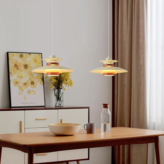 EFINEHOME Modern Decor Adjustable Pendant Lamp Kitchen Island, Aluminum and Wood Finish,1-Light E26 Base Ceiling Hanging Light for Dining Room Shop Restaurant (Beige+Dark Wood Grain, 35cm)