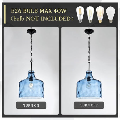 CATINER 16" Extra Large Farmhouse Pendant Light – Hand-Blown Blue Hammered Glass Shade, Black Finish, Adjustable Chain Hanging Light Fixture for Kitchen Island, Dining Room, Hallway