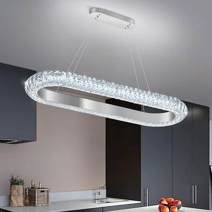32'' Oval Ring Crystal Chandelier Modern LED Dimmable Ring Pendant Light Chandelier for Dining Room Living Room Silver