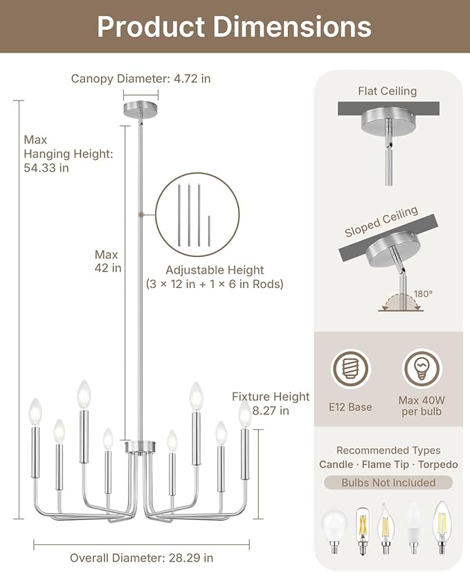 Yunnix 8 Light Brushed Nickel Chandelier - Modern Farmhouse Chandelier for Dining Room Light Fixture - 28" Silver Chandelier for Kitchen Island Lighting, Foyer and Living Room