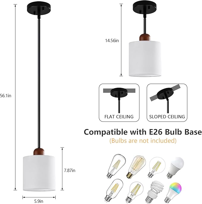 5.9" Drum Pendant Light with White Fabric Shade Modern Hanging Pendant Light Fixture| Adjustable Semi Flush Mount Kitchen Island Dining Room Bedroom Black 2 Pack