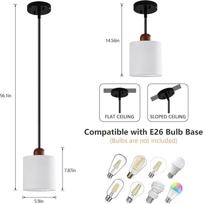 5.9” Drum Pendant Light with White Fabric Shade Modern Hanging Pendant Light Fixture| Adjustable Semi Flush Mount Kitchen Island Dining Room Bedroom Black 1 Pack