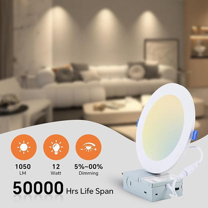 Simple Deluxe 12 Pack 6 Inch 5CCT Recessed Light with Night Light,Canless LED Recessed Lighting 6 inch,2700K-5000K Selectable,12W=130W,1080LM Dimmable Recessed Ceiling Wafer Light,ETL Certificated