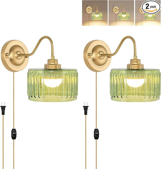 ZECOXOL Vintage Plug in Wall Sconces Dimmable Wall Sconces of Two,Wall Lamps with Plug in Cord & Flower Glass Lampshade,Gold Sconces Wall Decor Set of 2 Plug in Wall Lights Sconces for Bedroom