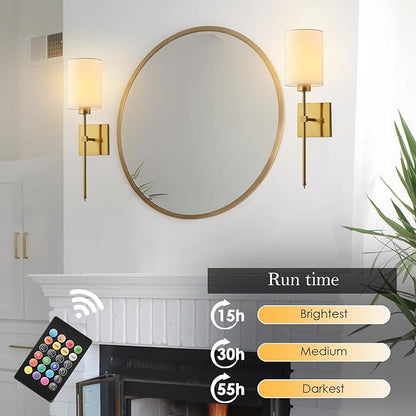 KARTOOSH Battery Operated Wall Sconce Set of Two, Wireless Rechargeable Wall Light with Remote Control, Dimmable, 4 Color Temperatures, RGB, Timer, for Living Room,Bedroom,Entryway, Gold, 20.6 Inch