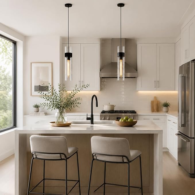 Modern Glass Black Pendant Lights Kitchen Island, Adjustable Cord Pendant Light Fixtures,Kitchen Pendant Lighting Over Island,Indoor Chandeliers for Bedroom Bathroom, Included Bulb