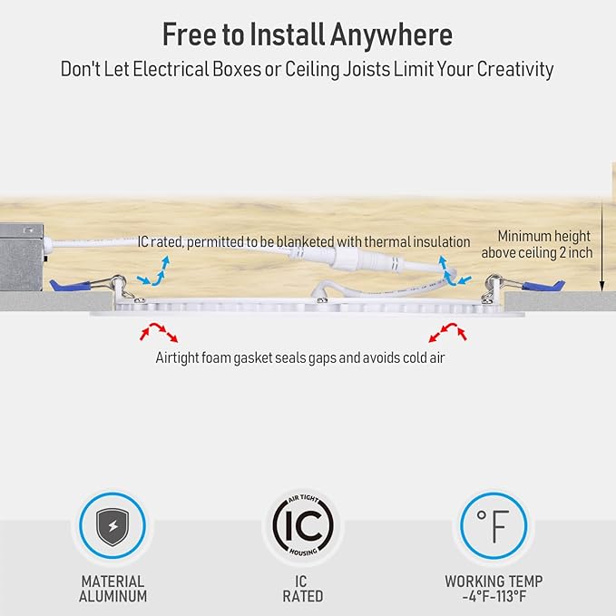 TORCHSTAR Premium Series 5CCT 8 Inch Ultra-Thin LED Recessed Ceiling Light with J-Box, 18W 5%-100% Dimmable Recessed Downlight, Aluminum, 5CCT Selectable, CRI90, ETL & ES Listed, White, Pack of 6