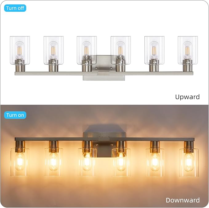 6-Light Bathroom Vanity Light, Brushed Nickel Vanity Lights for Bathroom, Bathroom Lights Fixtures Over Mirror, Large Vanity Light Over Mirror Modern Wall Sconce with Clear Glass Shade