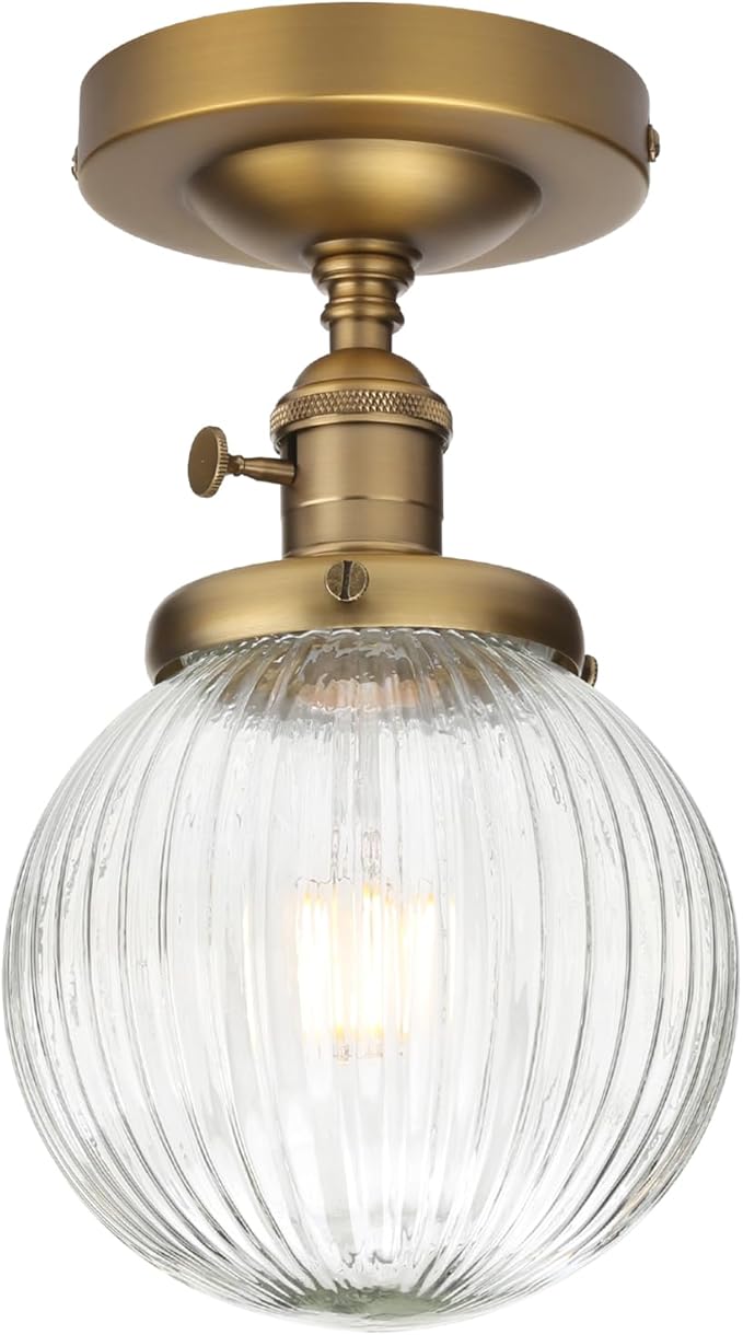 Yosoan 1-Light Indoor On Off Switch Hallway Ceiling Light, Modern Single Vintage Industrial Semi Flush Mounted with Retro Striped Round Shade for Kitchen Entry Bathroom Bedroom(Matte Antique)