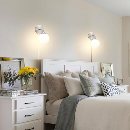 Modern Brushed Nickel Plug in Wall Sconce Set of 2, Wall Light Fixture with Milky White Globe Glass Lampshade, Wall Lamp with Plug in Cord, Art Deco Wall Light for Bedroom Living Room Hallway
