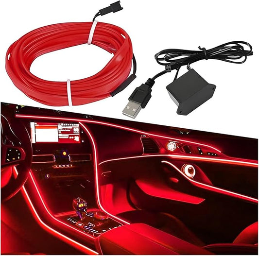 ZIMISI EL Wire Car Interior LED Strip Lights, 5V 16FT Neon Light Strip with Sewing Edge, USB Electroluminescent Car Interior Lights with Fuse Protection, Vehicle Ambient Lighting Decorations (Red)