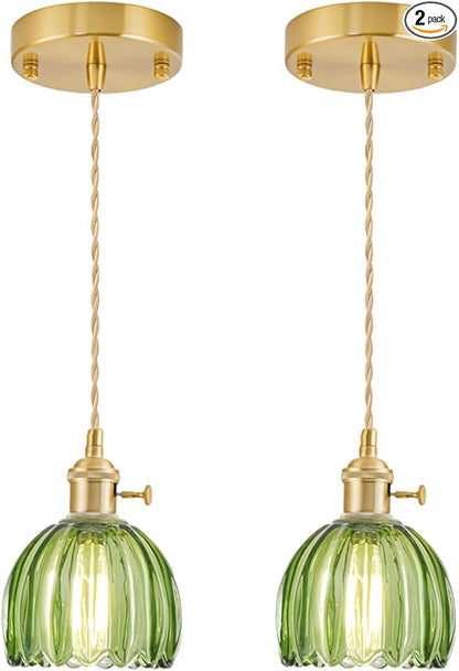 Mini Pendant Lights Kitchen Island 2 Pack, Small Adjustable Pendant Light Fixture with Green Tulip Glass Lampshade, Vintage Gold Pendant Lighting, Pendant Light for Bedroom Dining Room Hallway