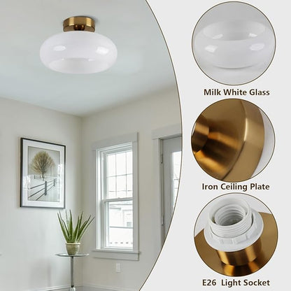 Mid Century Modern Ceiling Light Milk White Glass Globe Flush Mount Ceiling Light 11" Brass Close to Ceiling Light Fixtures for Kitchen Bedroom Hallway Closet