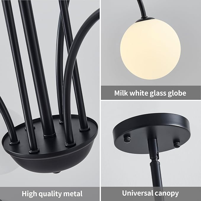 Modern Black Sputnik Chandelier 6-Light Mid Century Chandelier for Dining Room with Milky Glass Globe Ceiling Pendent Light Fixture for Living Room Kitchen Island Foyer Bedroom