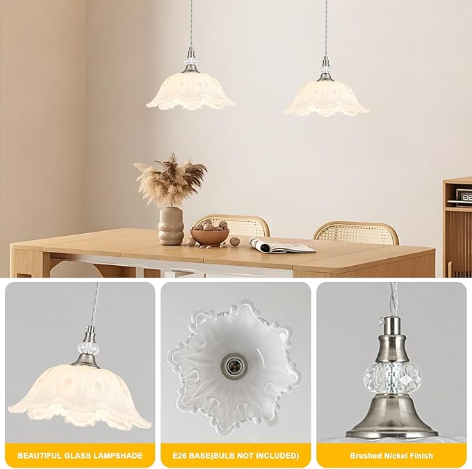 1 Piece Brushed Nickel Chandelier Light Fixtures with White Glass Shade, Brushed Nickel Finish Pendant Light,Hanging Light for Dining Room,Hallways,Living Room,Bedroom