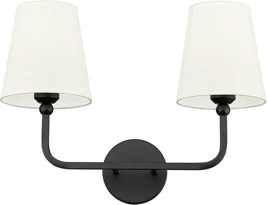 2-Light Bathroom Light Fixtures, Matte Black Vanity Lights, Double Wall Sconce with Beige Fabric Shade, Modern Sconces Wall Lighting for Hallway Bedroom Stairway, VL837-MB-B-2