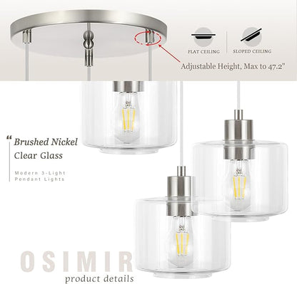 Brushed Nickel Dining Room Chandelier Light Fixture, 3-Light Pendant Lighting with Clear Glass, Modern Kitchen Island Cluster Hanging Pendant Lights for Kitchen Dining Room, OS-YQ8153-3BNC