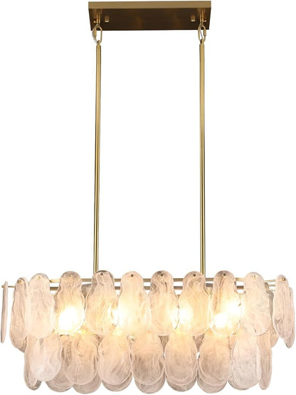 Gold Crystal Chandelier Rectangular Pendant Lighting 8-Light Crystal Chandeliers for Kitchen Island Cloud Glass 2-Tier Light Fixture for Dining Room, Living Room, Kitchen