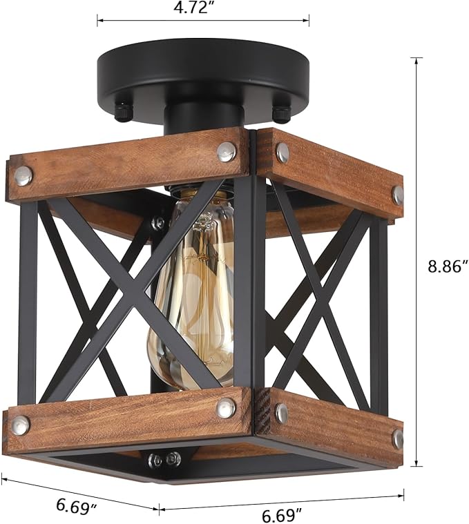 2 Pack Rustic Farmhouse Wood Flush Mount Ceiling Light Fixture Oak Wood and Metal Square Cage Small Semi Flush Mount Ceiling Light for Kitchen Hallway Entry Country Farmhouse, Black