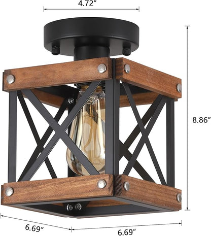 2 Pack Rustic Farmhouse Wood Flush Mount Ceiling Light Fixture Oak Wood and Metal Square Cage Small Semi Flush Mount Ceiling Light for Kitchen Hallway Entry Country Farmhouse, Black