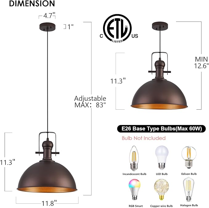 12 Inch Oil Rubbed Bronze Farmhouse Pendant Lights Large Pendant Lights for Kitchen Island Industrial Adjustable Height Vintage Big Dome Hanging Light Fixtures for Barn, Dining Room 1 Pack