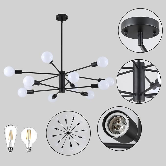 AMZASA Black Sputnik Chandeliers, 12 Light Modern Farmhouse Mid Century Pendant Light, Chandeliers for Dining Room Living Room Kitchen Island Entryway Foyer, UL Listed