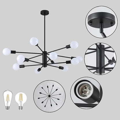 AMZASA Black Sputnik Chandeliers, 12 Light Modern Farmhouse Mid Century Pendant Light, Chandeliers for Dining Room Living Room Kitchen Island Entryway Foyer, UL Listed