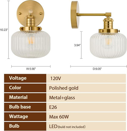 Hard Wired Vintage Wall Sconce with Clear Ribbed Glass Shade,Indoor 1-Light Wall Mounted Lamp for Bedroom Living Room Bathroom Hallway