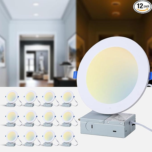 Simple Deluxe 12 Pack 6 Inch 5CCT Recessed Light with Night Light,Canless LED Recessed Lighting 6 inch,2700K-5000K Selectable,12W=130W,1080LM Dimmable Recessed Ceiling Wafer Light,ETL Certificated