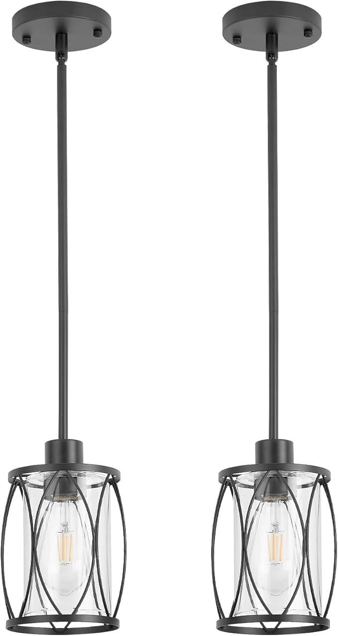 Glass Pendant Lights Kitchen Island Black Pendant Light Fixtures Adjustable Farmhouse Mini Hanging Light with Clear Glass for Sink Dining Room Foyer Entryway Bar, 2 Pack