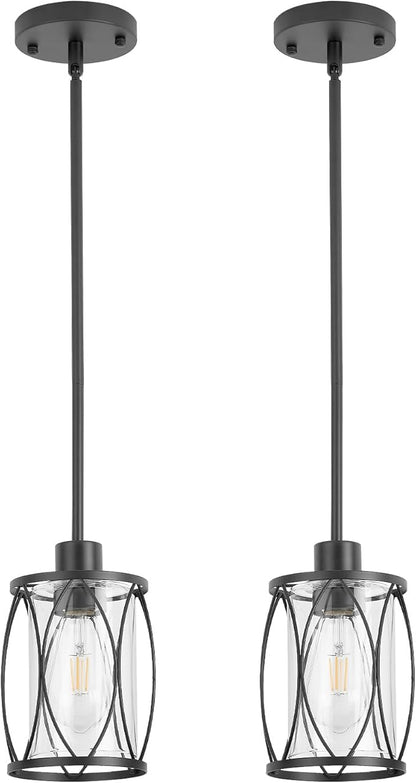 Glass Pendant Lights Kitchen Island Black Pendant Light Fixtures Adjustable Farmhouse Mini Hanging Light with Clear Glass for Sink Dining Room Foyer Entryway Bar, 2 Pack