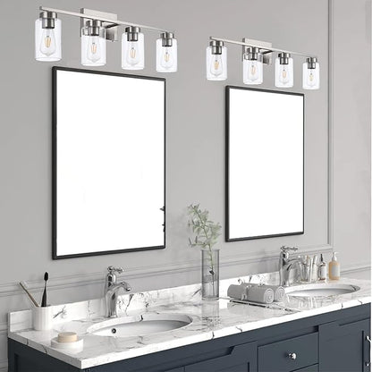 4 Light Bathroom Vanity Light Fixtures, Brush Nickel Modern Wall Lights with Clear Glass Shade, Vintage Wall Sconce Lighting for Living Room, Mirror, Bedroom, Hallway (Nickel, 4-Lights)