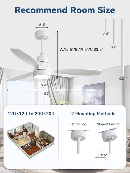 Sofucor White Ceiling Fan with Lights and Remote, 52 Inch Modern Wood DC Motor Ceiling Fan with Downrods, for Farmhouse Bedroom Living Room Dining Room Patio Porch, Reversible, 3 Blades