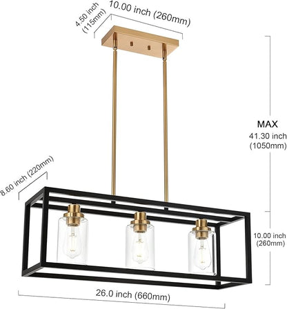 MELUCEE Dining Room Light, Island Lights for Kitchen Modern Chandeliers Rectangle Black 3 Lights, Linear Pendant Ceiling Lighting Fixture with Clear Glass Shade and Brass Socket, E26 Base