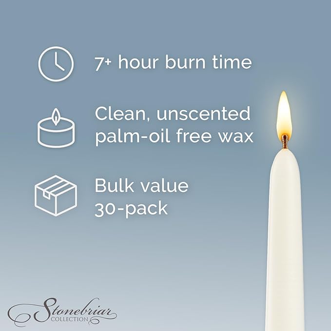 Stonebriar Tall 10" White Unscented 30 Count Taper Candles, 7 Hour Burn Time